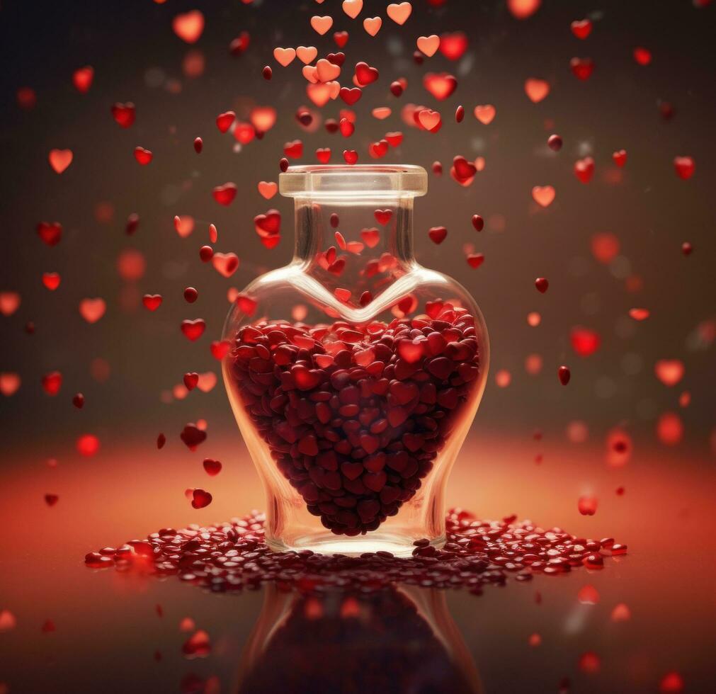 AI generated miniature heart cluster falling from a glass bottle photo