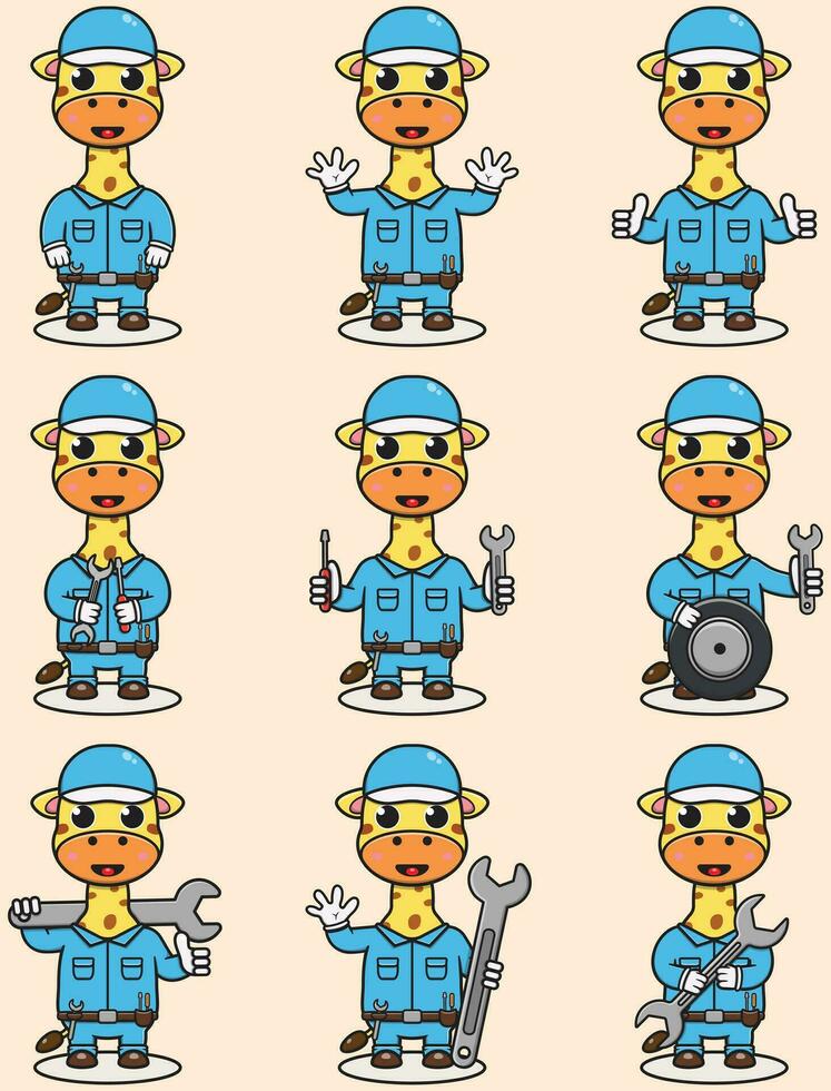 Mascot cartoon of cute Giraffe wearing mechanic uniform and cap. Cute Giraffe illustration. Character animal. Mechanic cartoon set. Vector illustration in isolated background.