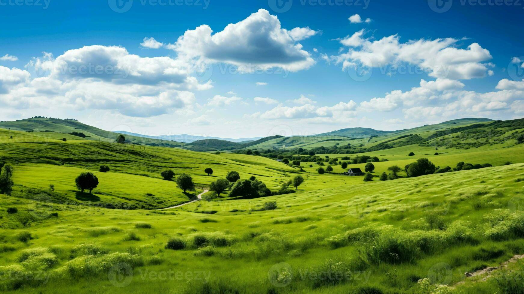 AI generated A scenic Irish landscape with green rolling hills and clovers in the foreground under a clear blue sky with empty space for text photo