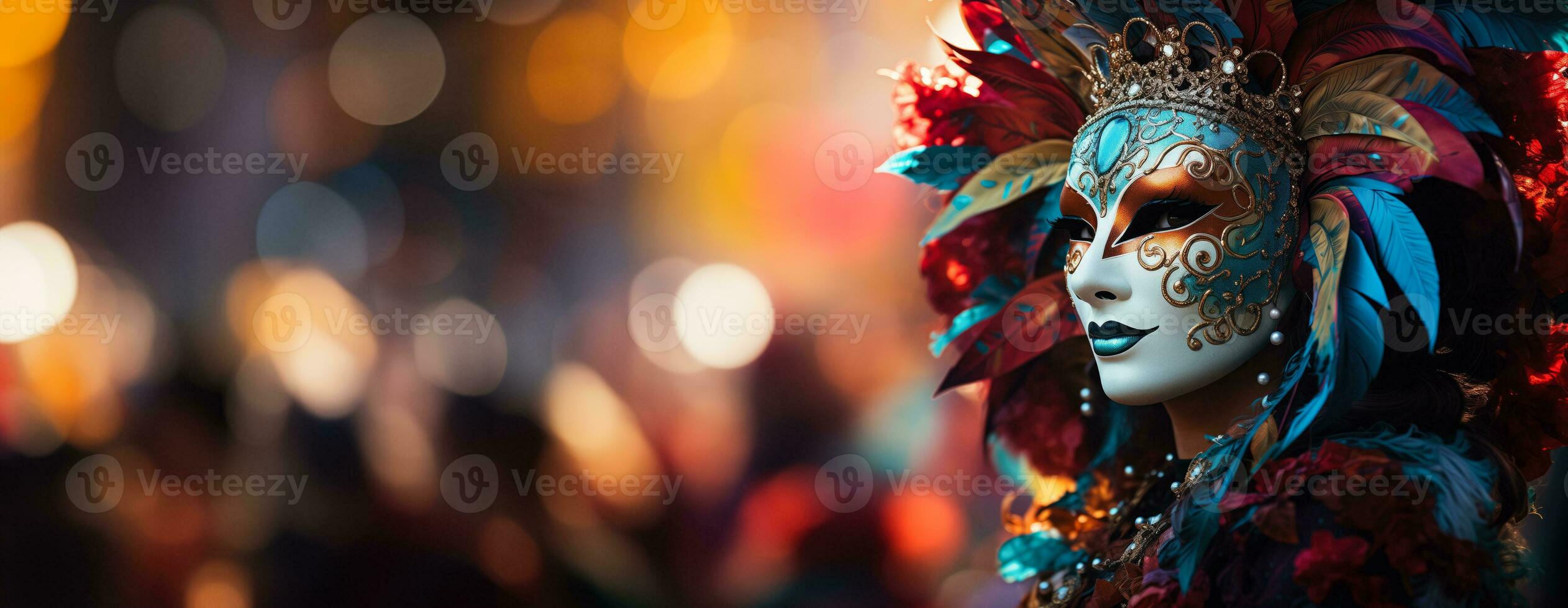 ai generado un vibrante y vistoso escena desde un carnaval desfile presentando bailarines en elaborar disfraces y mascaras con vacío espacio para texto foto