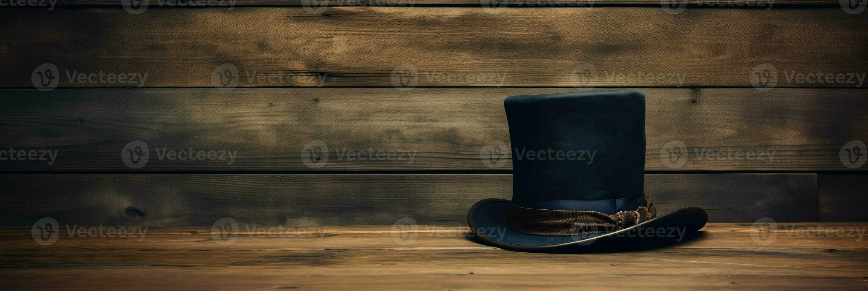 AI generated A single Abraham Lincolns stovepipe hat placed on a textured wooden surface background with empty space for text photo