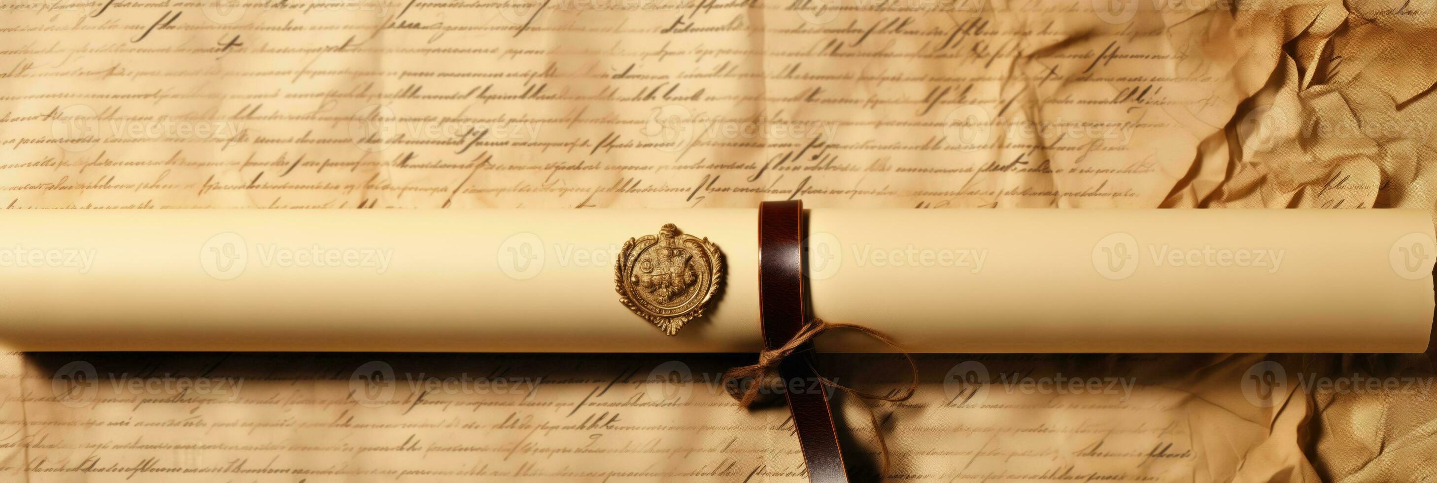 AI generated A parchment paper scroll with quill and inkpot reminiscent of historic presidential documents background with empty space for text photo