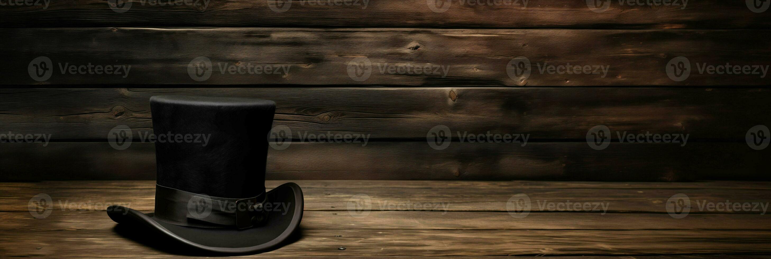 AI generated A single Abraham Lincolns stovepipe hat placed on a textured wooden surface background with empty space for text photo