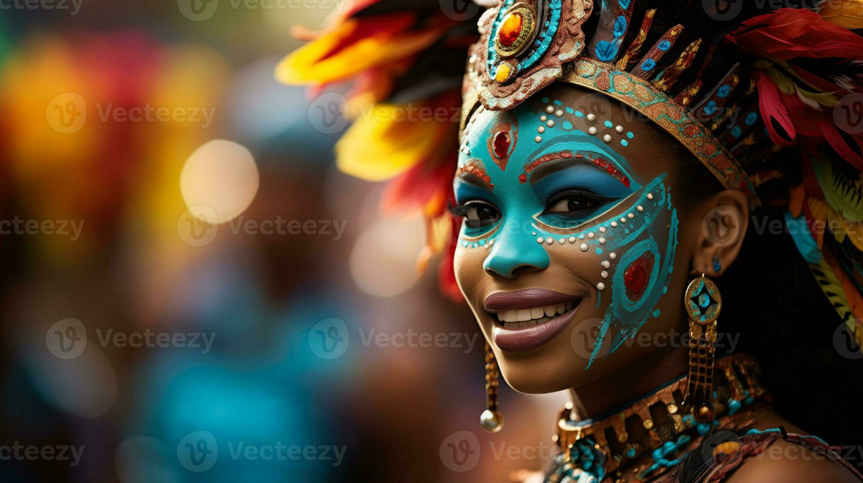 AI generated A vibrant and colorful scene from a Carnival parade featuring dancers in elaborate costumes and masks with empty space for text photo