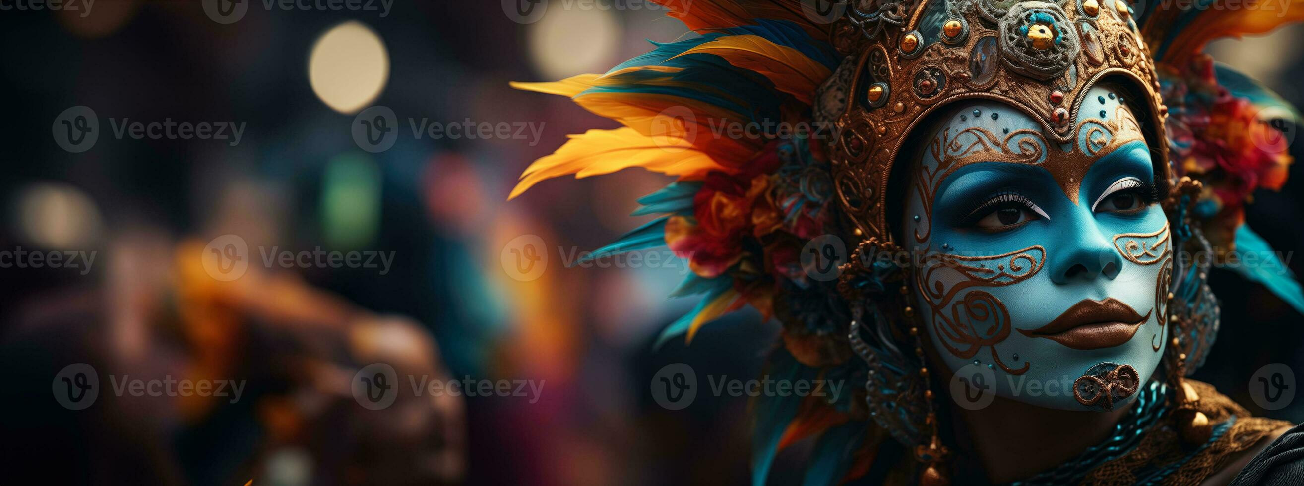 AI generated A vibrant and colorful scene from a Carnival parade featuring dancers in elaborate costumes and masks with empty space for text photo