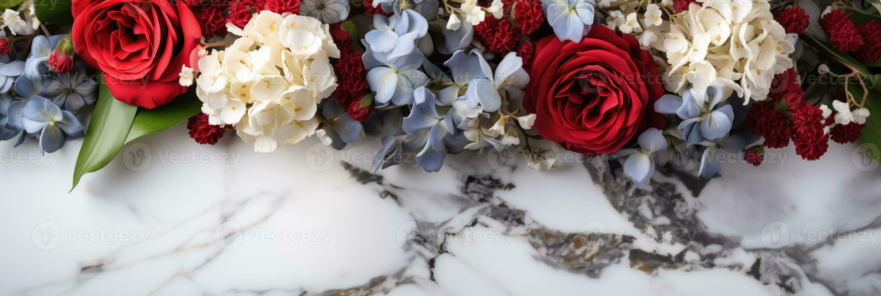 AI generated A wreath of red white and blue flowers on a solemn marble memorial background with empty space for text photo