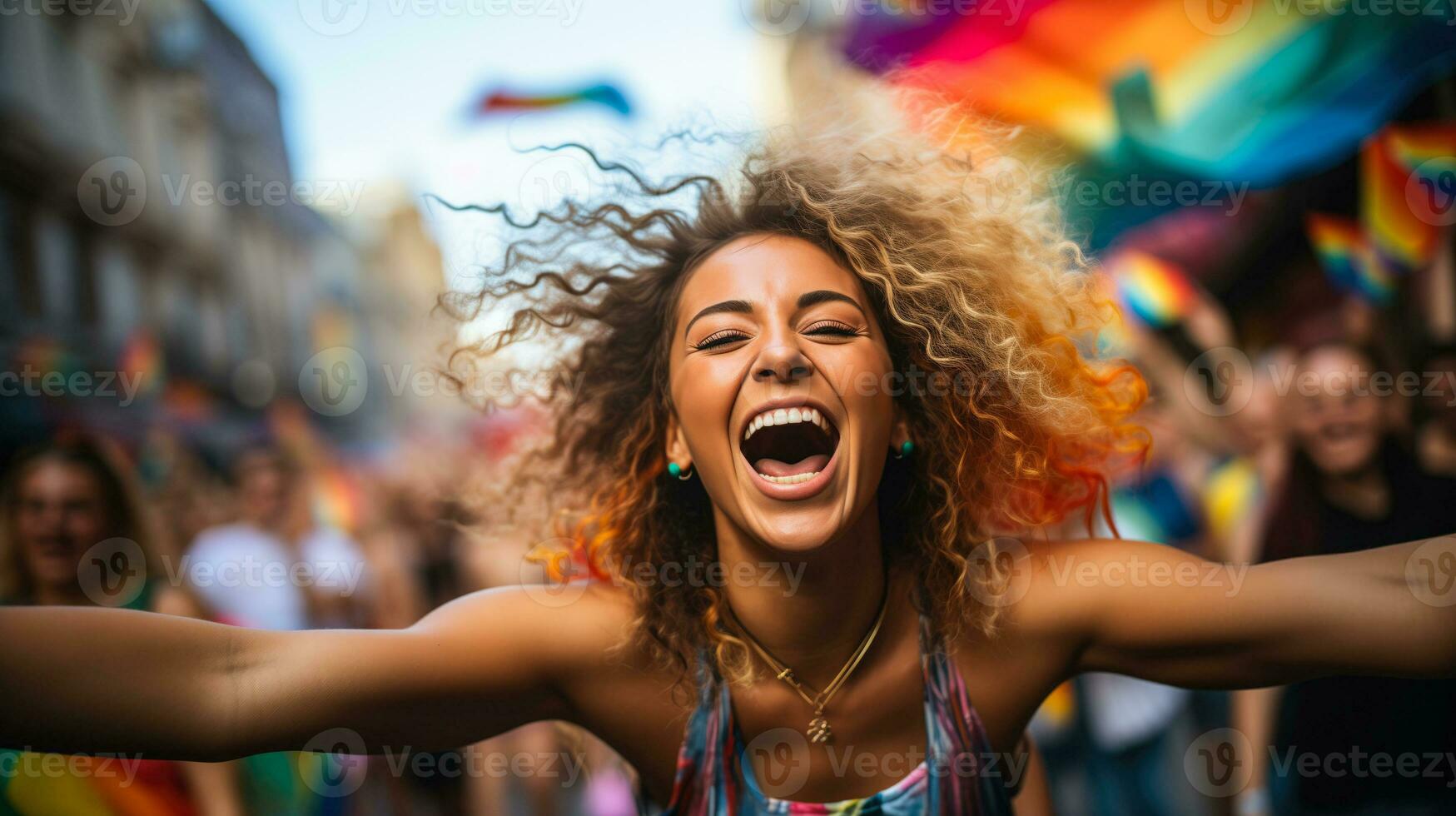 AI generated A colorful and energetic pride parade scene with people carrying rainbow flags and banners celebrating LGBTQ community photo
