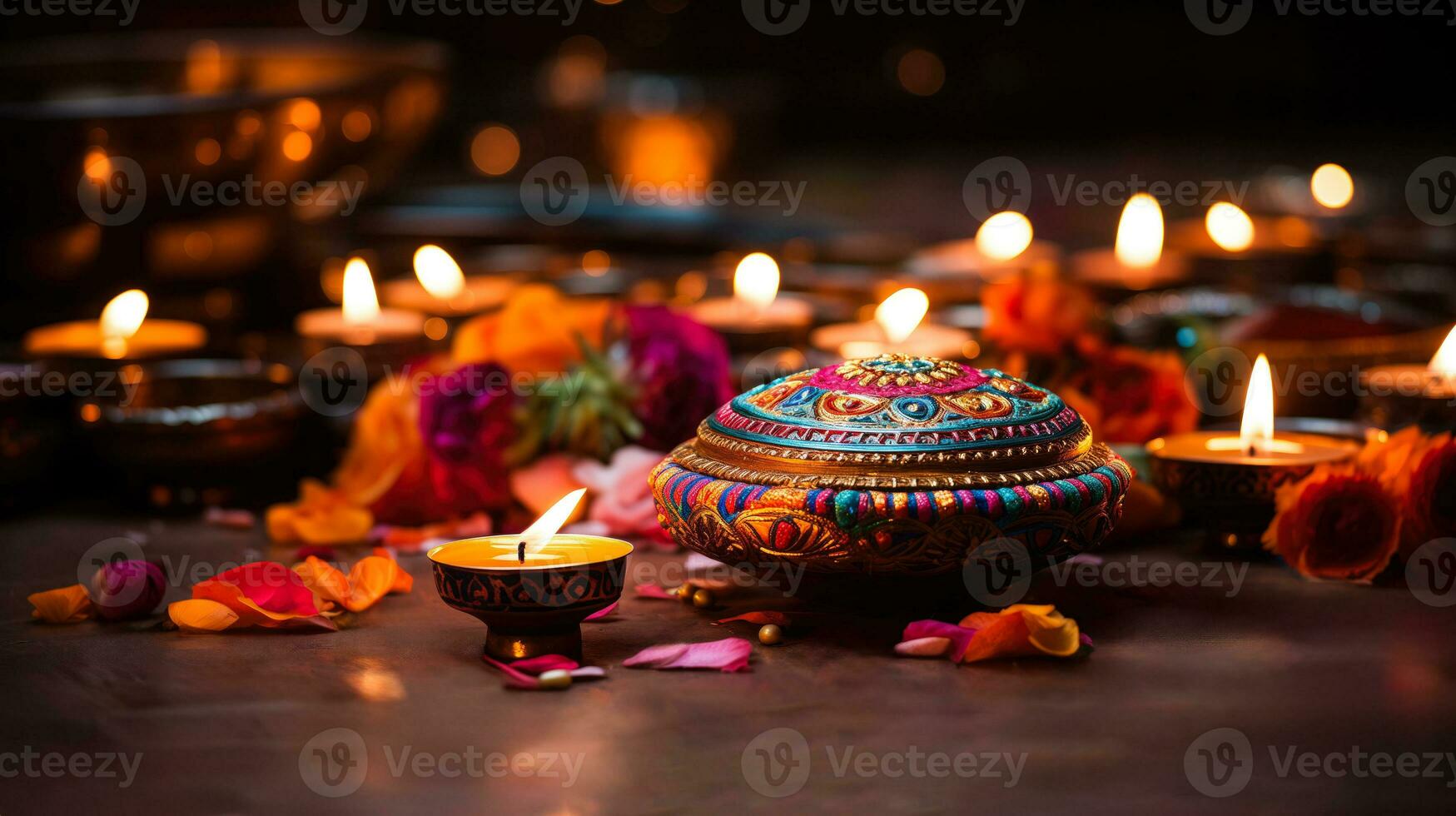 ai generado un imagen capturar el vibrante y vistoso espíritu de diwali con diyas rangoli y fuegos artificiales foto