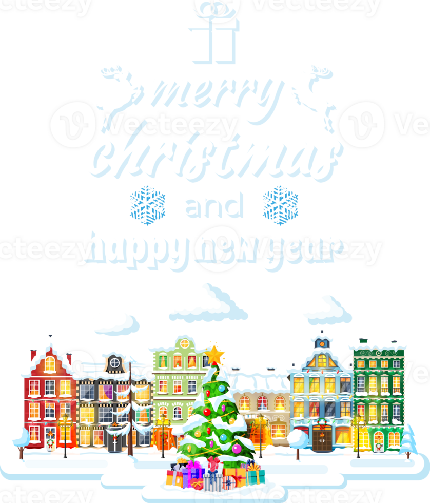 Christmas Card with Urban Landscape and Snowfall. png
