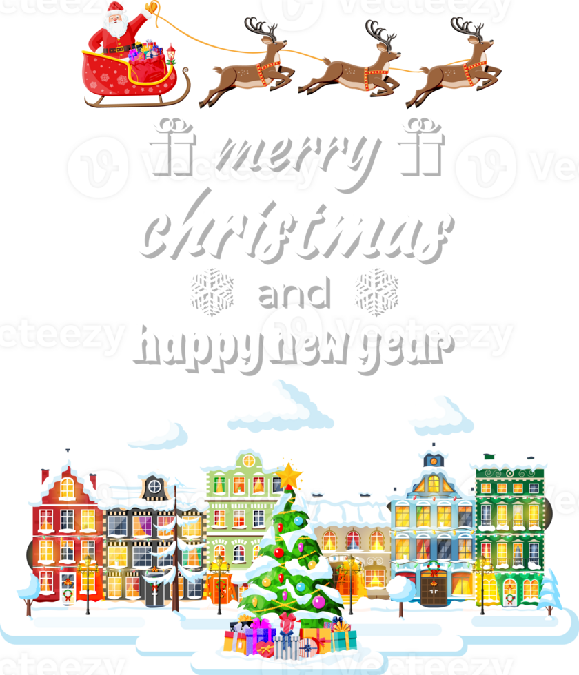 Christmas Card with Urban Landscape and Snowfall. png