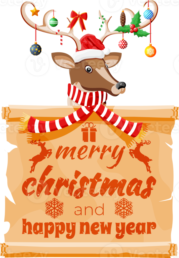 Cute deer with antlers, scarf, holly, bow, baubles png