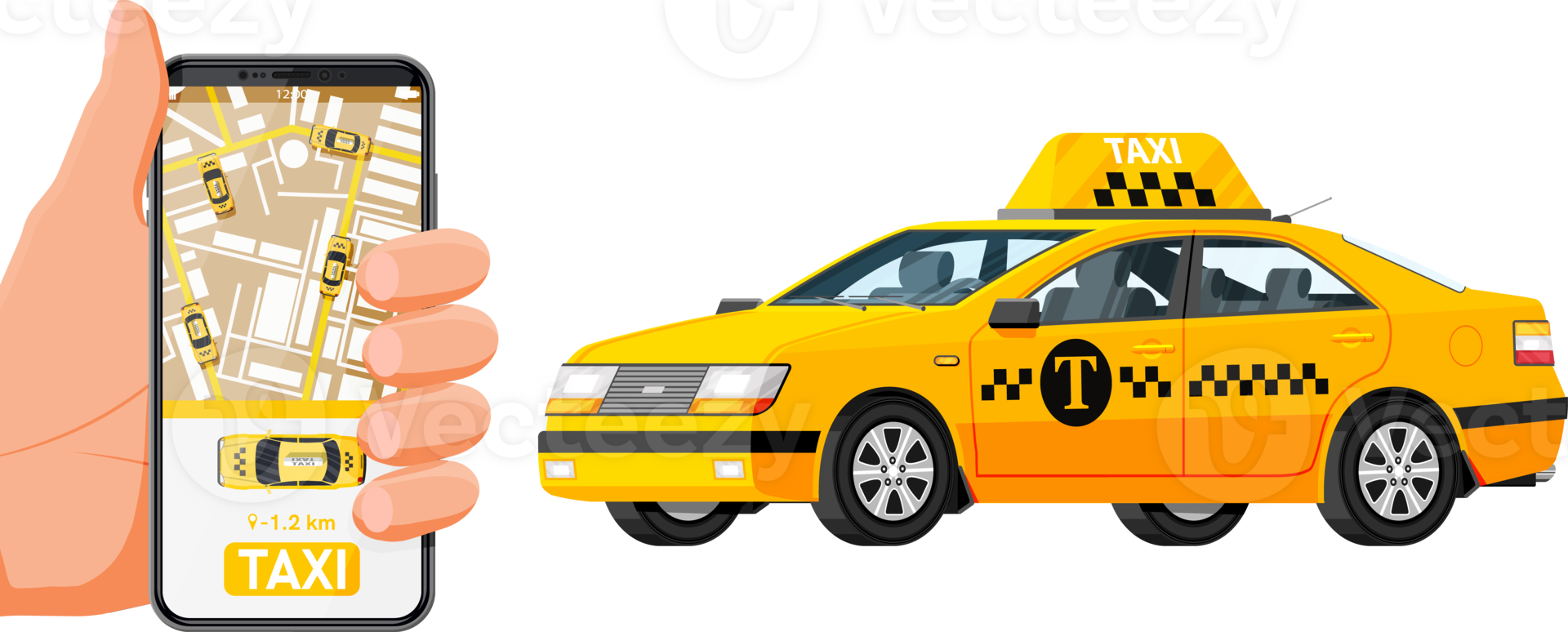 Taxi app or Service. Yellow Car and Smartphone png