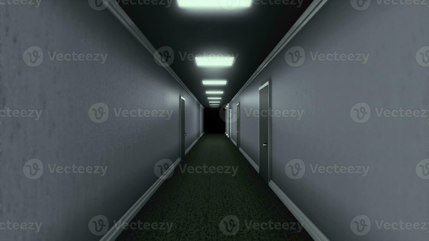 Long corridor with doors and darkness at end. Animation. Moving forward into final darkness of long corridor with doors and linear lamps. Frightening corridor in game photo