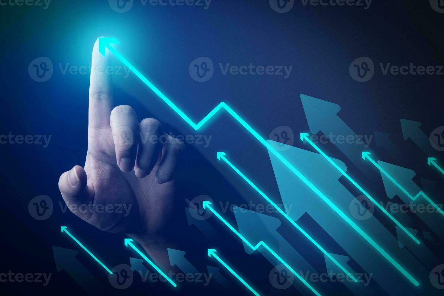 Businessman's hand showing rising arrow on dark background. concepts of business that express the development or increasing business opportunities and more profits photo