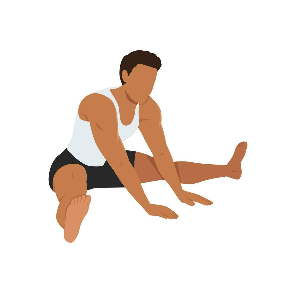 Man doing wide legged seated forward lean stretch exercise. Practice Agnistambhasana Leaning Forward. vector