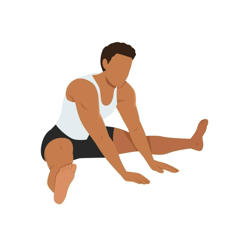 hombre haciendo amplio patas sentado adelante apoyarse tramo ejercicio. práctica agnistambhasana propensión adelante. vector