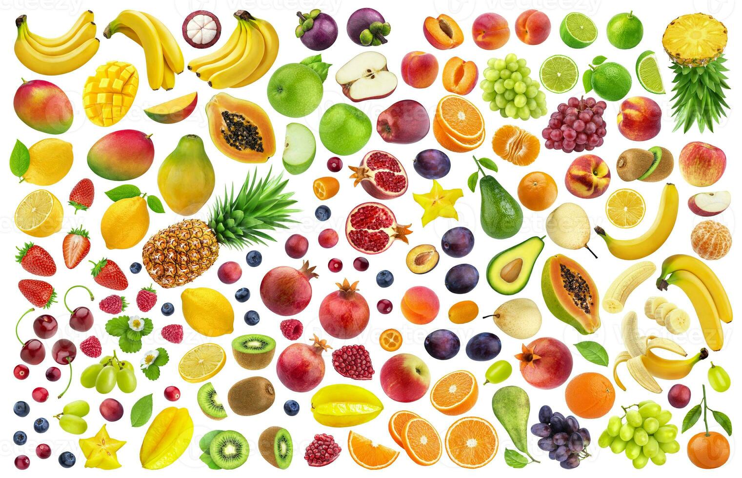 Different fruits and berries isolated on white background with clipping path photo