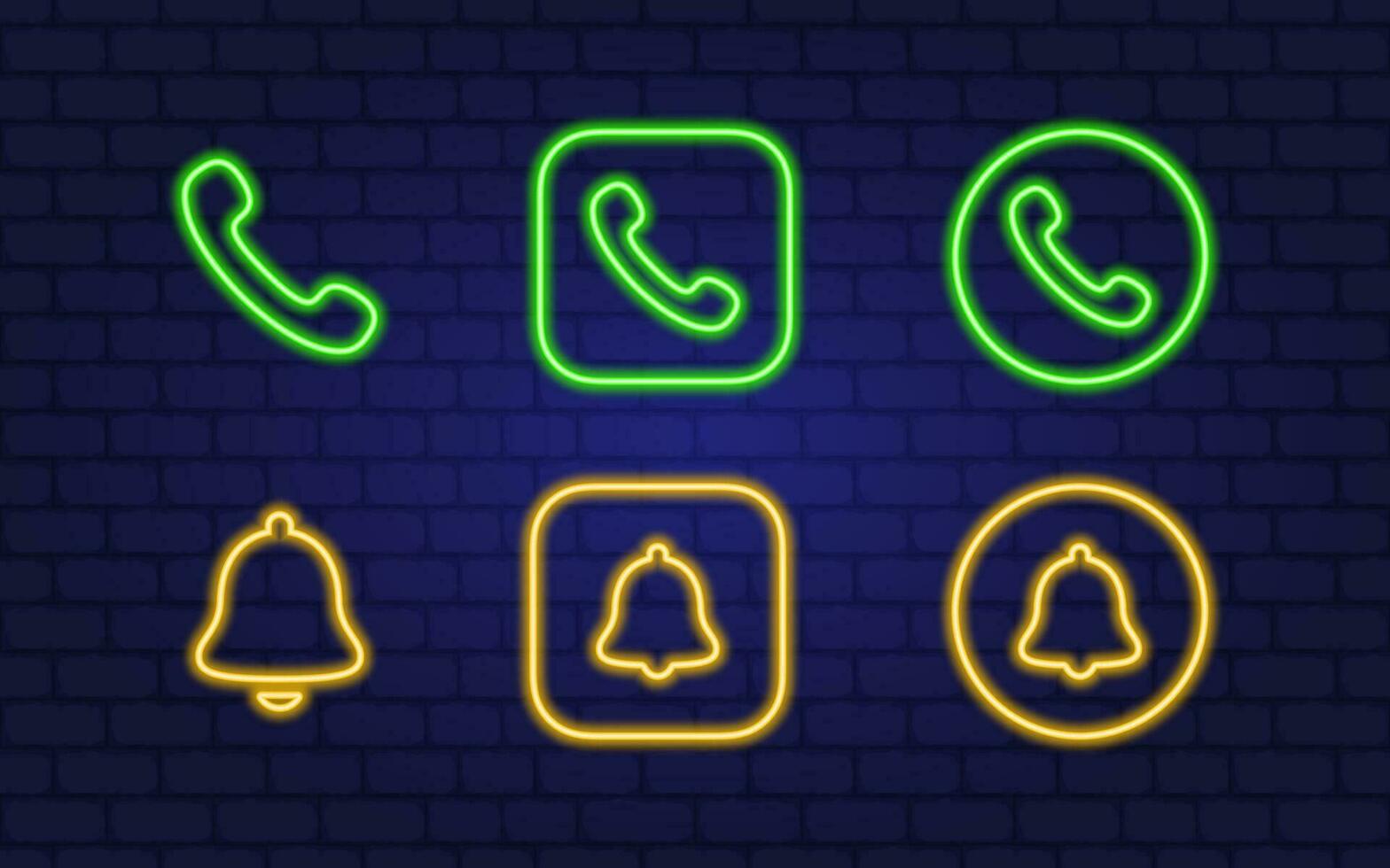 Phone and notification icons. Neon style. Notification bells. Vector illustration