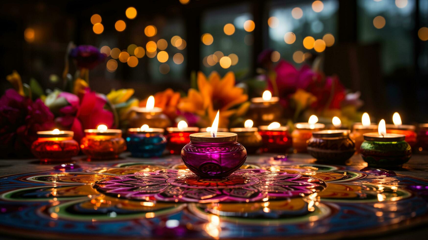 AI generated An image capturing the vibrant and colorful spirit of Diwali with diyas  rangoli  and fireworks photo