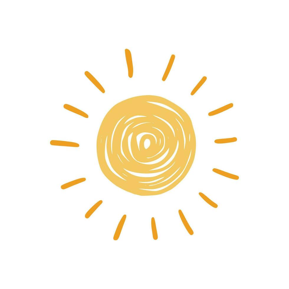 Doodle sun sketch illustration. Hand drawn cute orange sunshine. Scribble doodle children drawn style. Vector