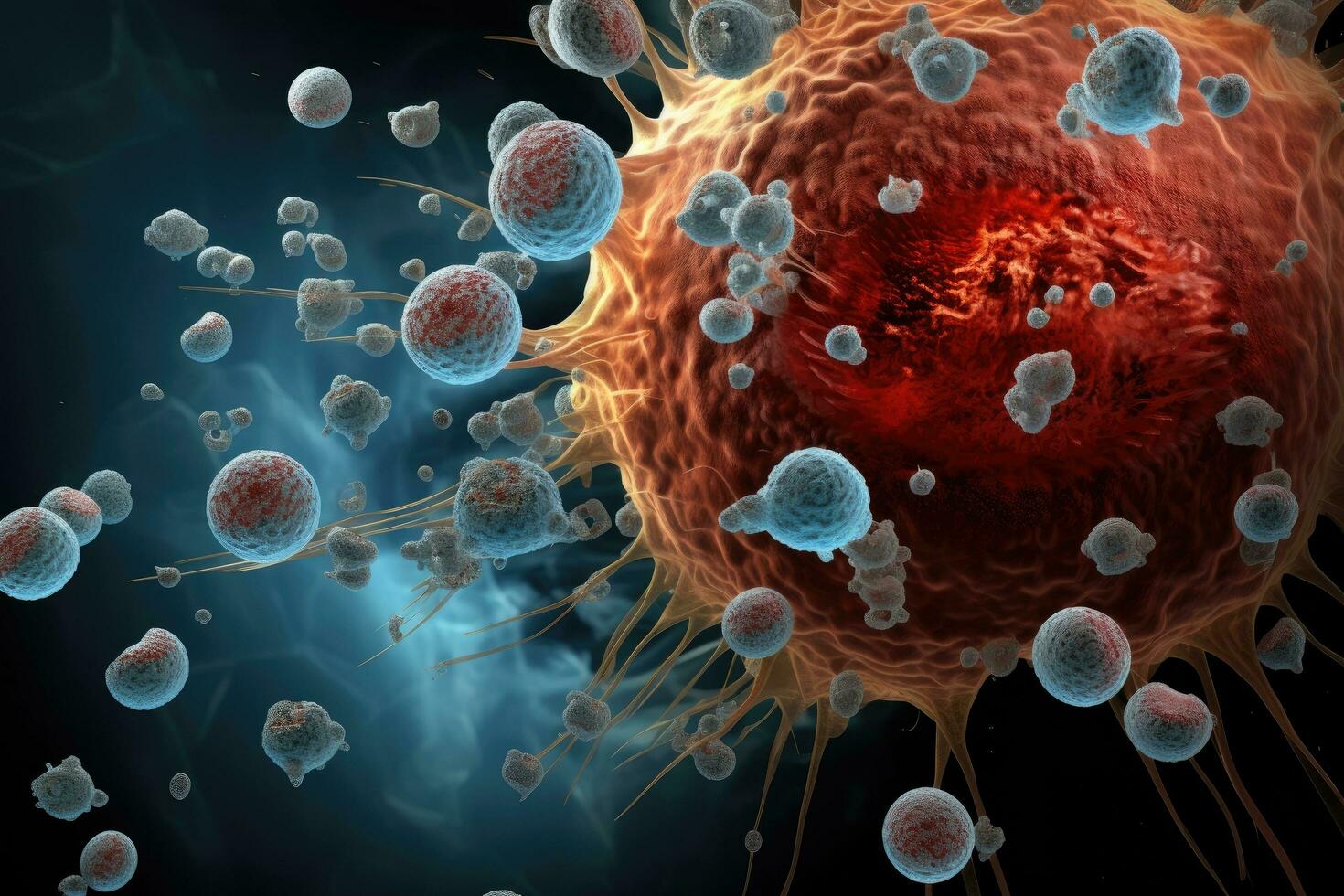 AI generated 3D illustration of SARS-CoV-2 virus cells in colour background, A 3D microscopic view of a tumor cell inside the body provides a clear insight into cancerous growth, AI Generated photo