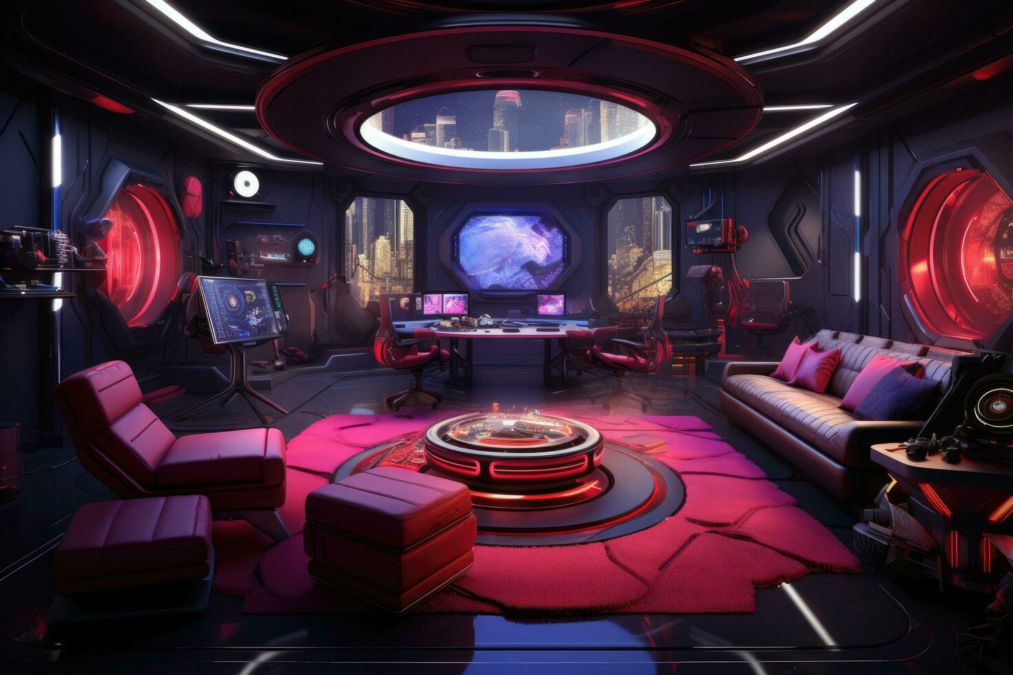 AI generated 3D rendering of the interior of a fantasy space station with a lot of equipment, A futuristic gaming room with an abundance of gaming equipment is presented in 3D rendering, AI Generated photo