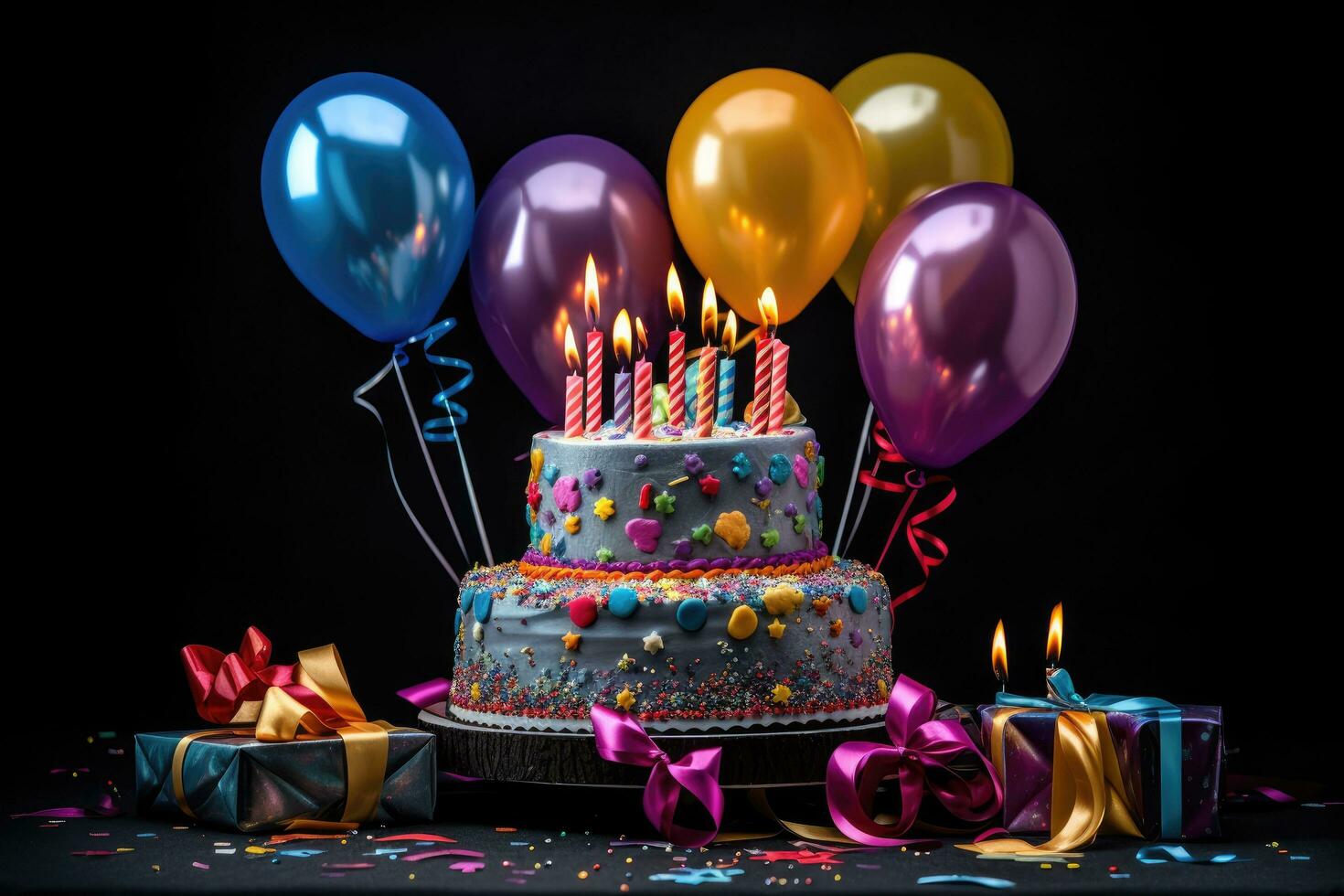 AI generated Birthday cake with candles, gifts and balloons on a black background, Birthday cake adorned with candles, gifts, and colorful balloons on a black background, AI Generated photo