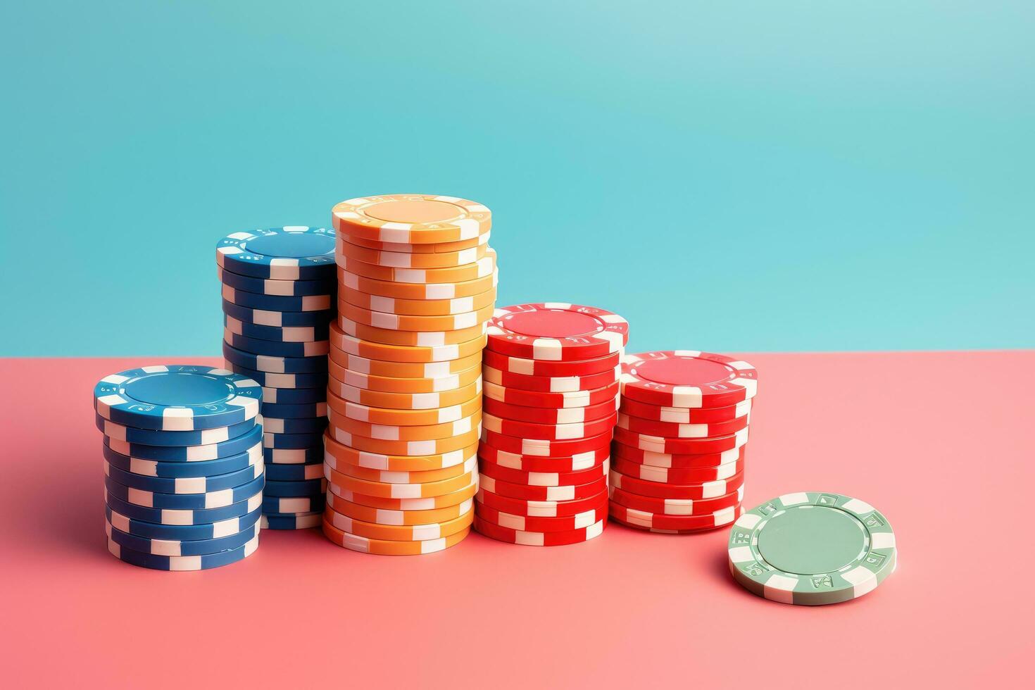 AI generated Stack of casino chips on colorful background. 3d render illustration, Red blue casino chips in neon shades, AI Generated photo