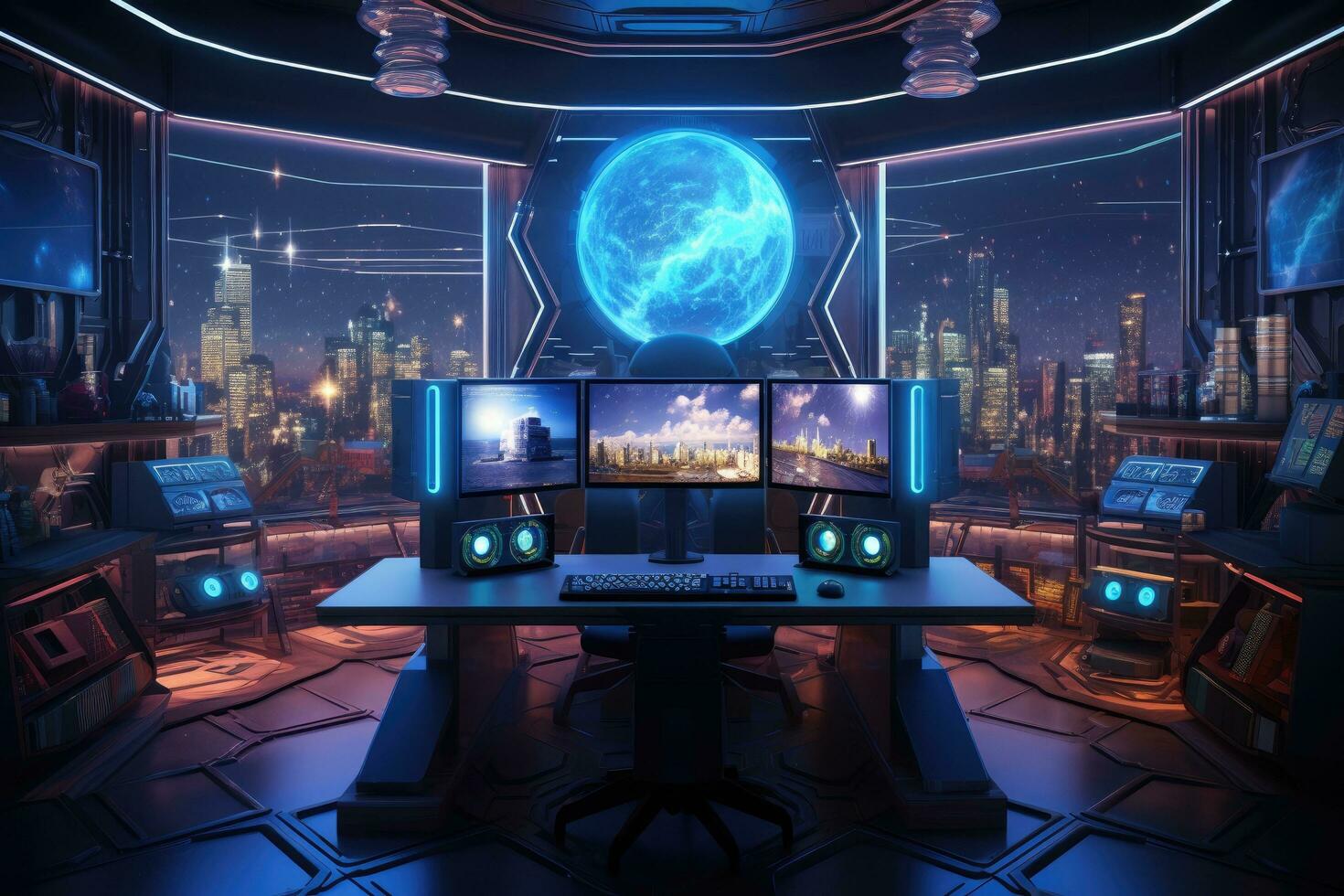 AI generated 3D rendering of a spaceship interior with a view of the city, A 3D rendering features a small house on the grass with a lot of lights, AI Generated photo
