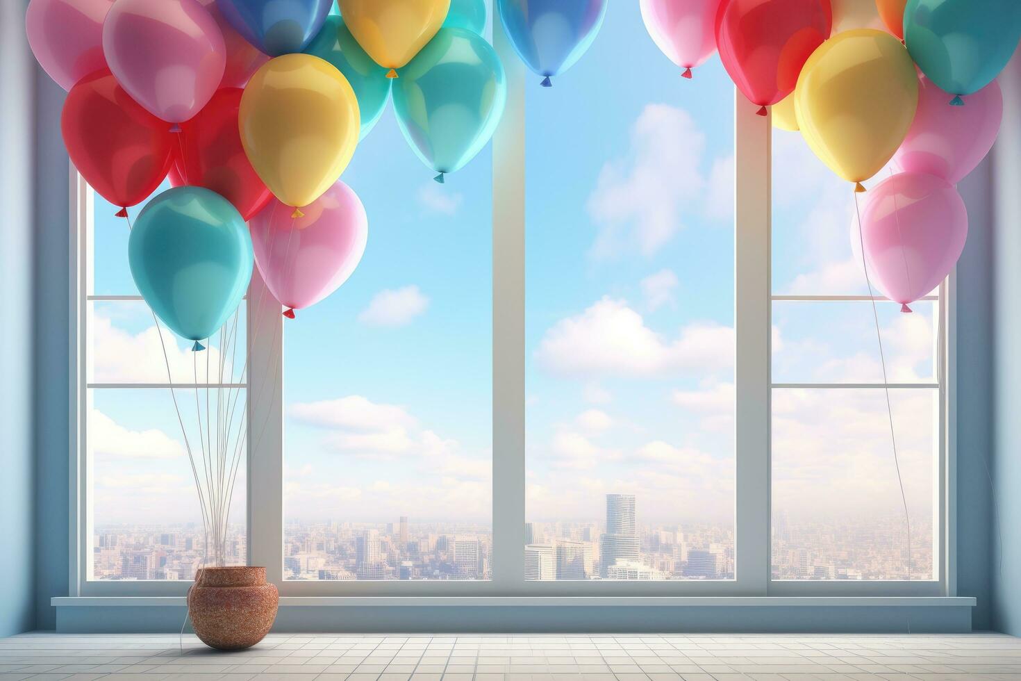 AI generated 3d rendering of a room with balloons and a window overlooking the city, 3D rendering of colorful balloons in a room with a window in the background, AI Generated photo