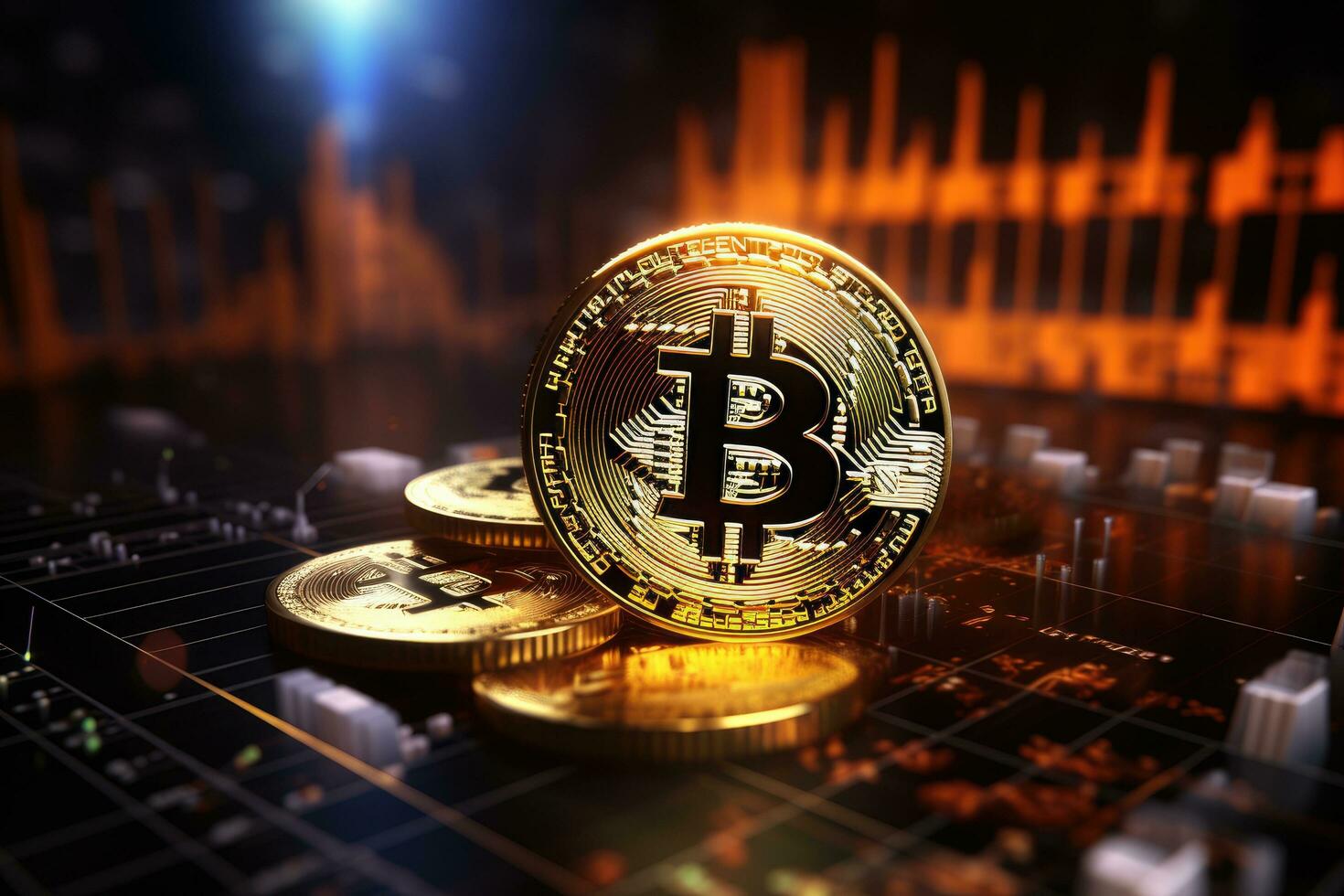 AI generated Bitcoin on the background of a financial chart. Bitcoin is a modern way of exchange and this crypto currency is a convenient means of payment in the financial market, AI Generated photo