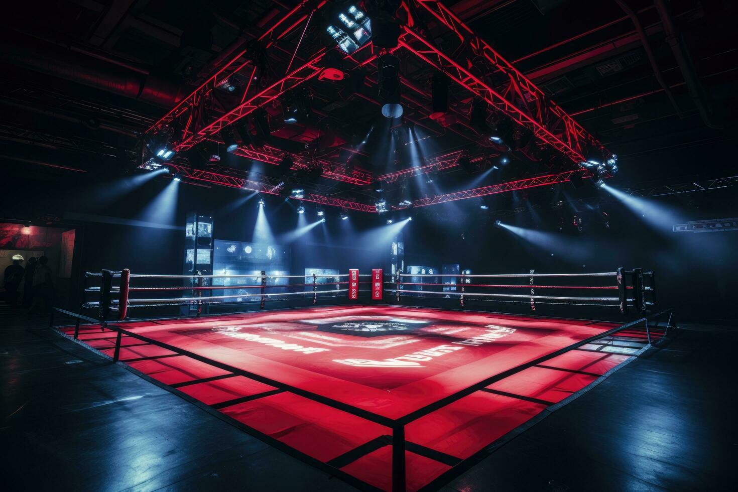 AI generated Boxing ring with red lights in a dark room, toned, Boxing fight ring, boxing arena for intended for MMA matches, AI Generated photo