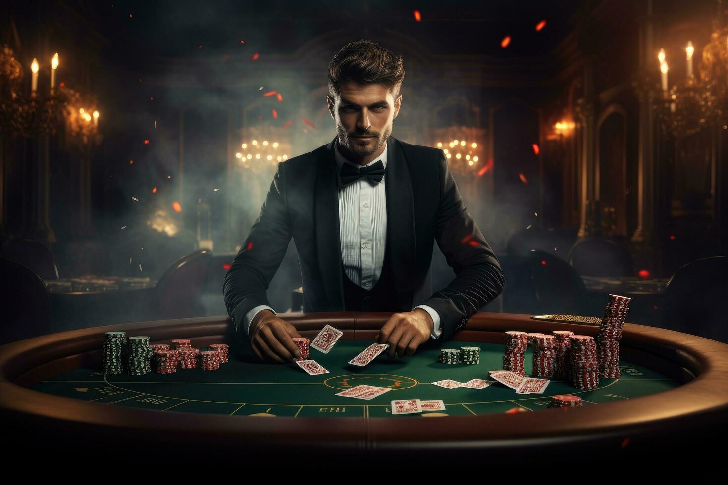 AI generated Handsome young man playing poker at the casino. Casino concept, Casino, Player Is Dealt A Twenty One At Blackjack, AI Generated photo