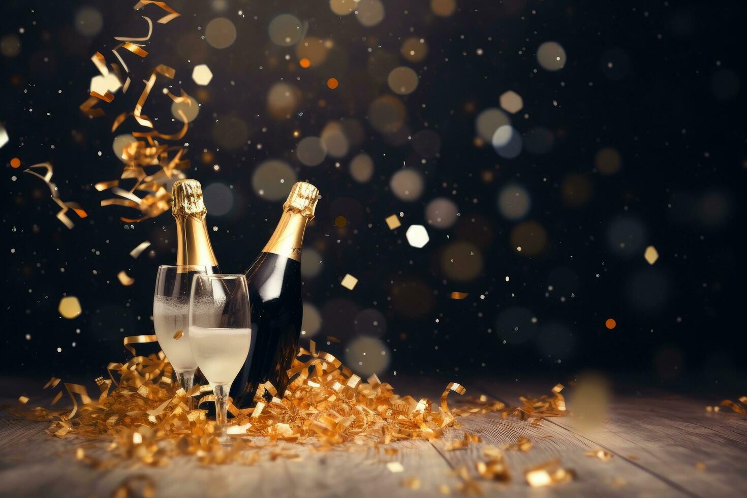 AI generated Two champagne glasses with golden confetti on bokeh background, Celebration background with confetti and gold balloons, AI Generated photo