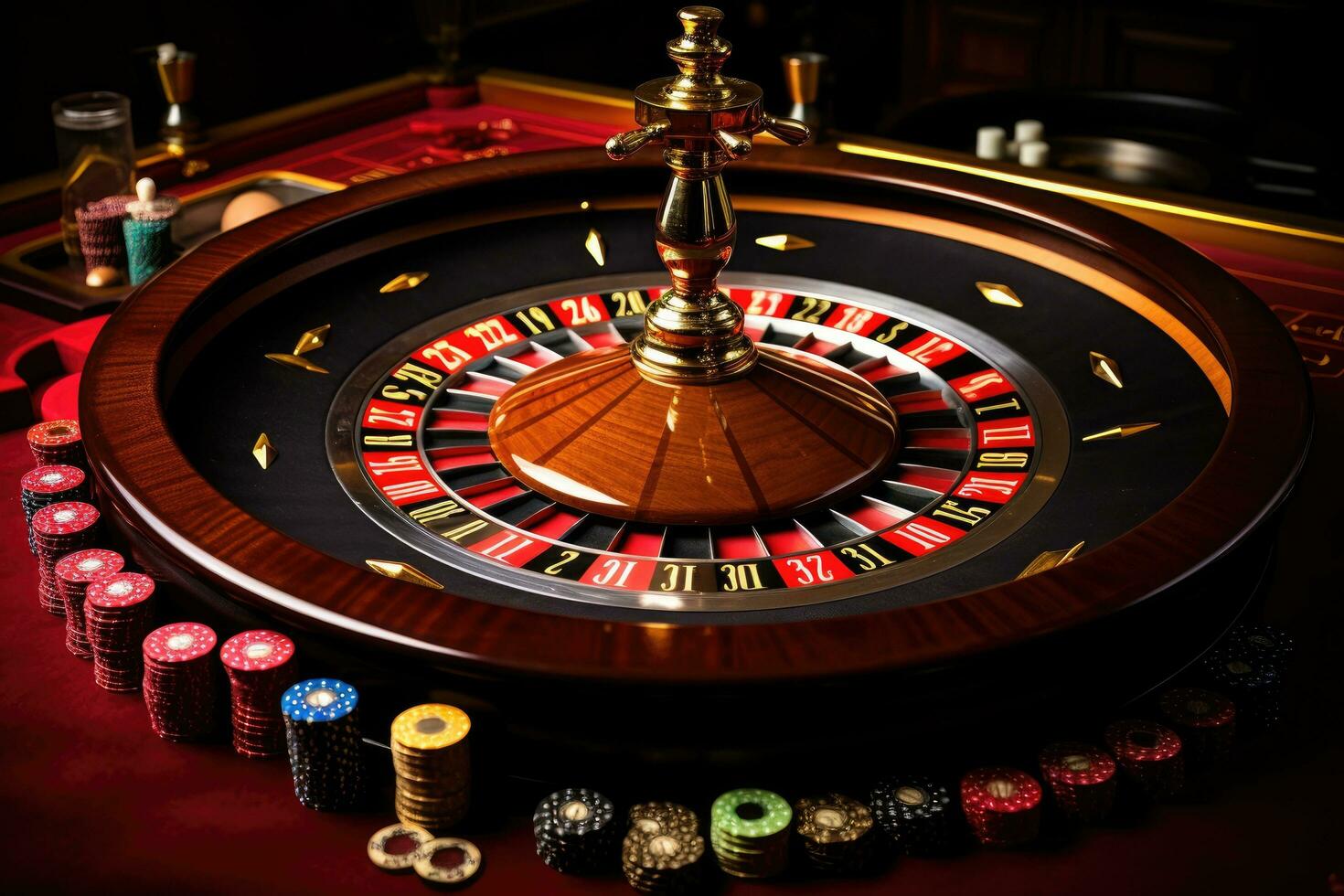 AI generated Roulette table in casino, close-up. 3d rendering, Casino roulette wheel in motion on a colorful background, AI Generated photo
