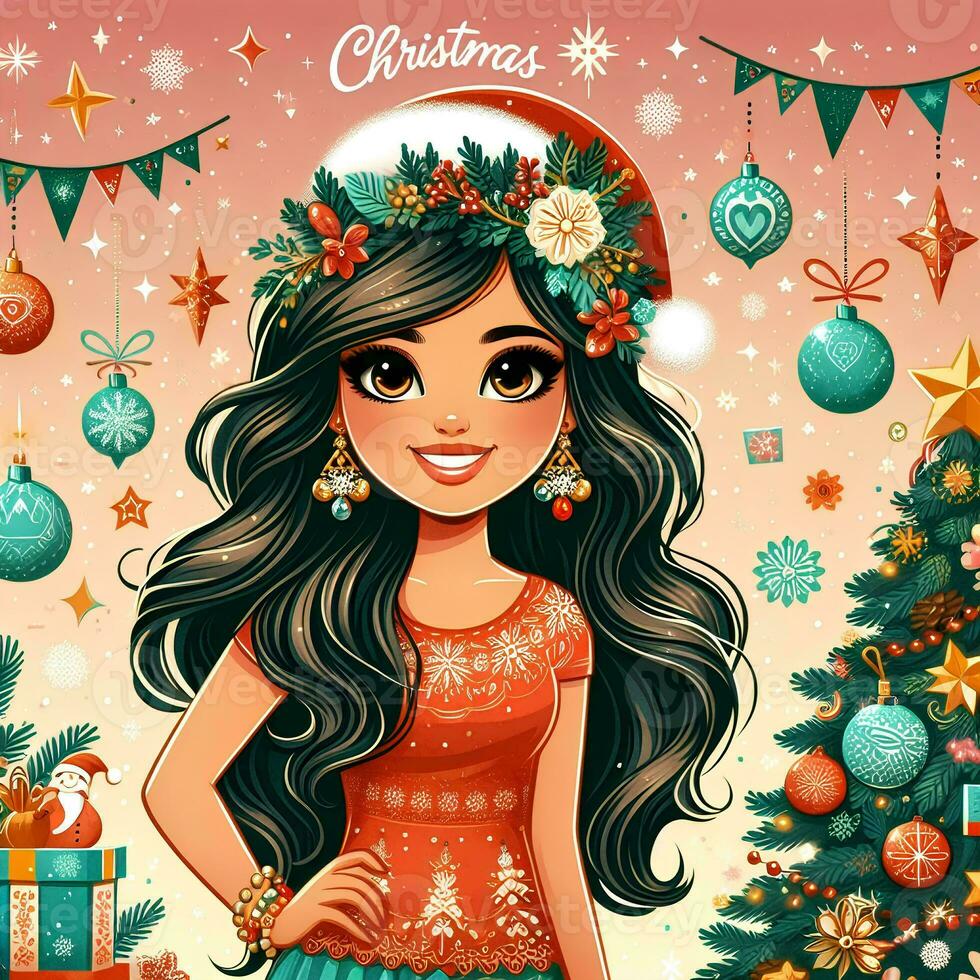 Girl smile in Christmas Poster Style with a party, trees, and balls in the background photo