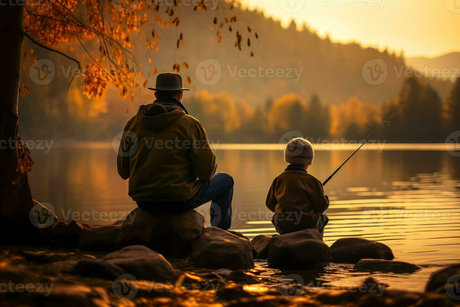 AI generated A Touching Moment as Father Teaches Child to Fish by the Lake Bonding Experience Captured photo