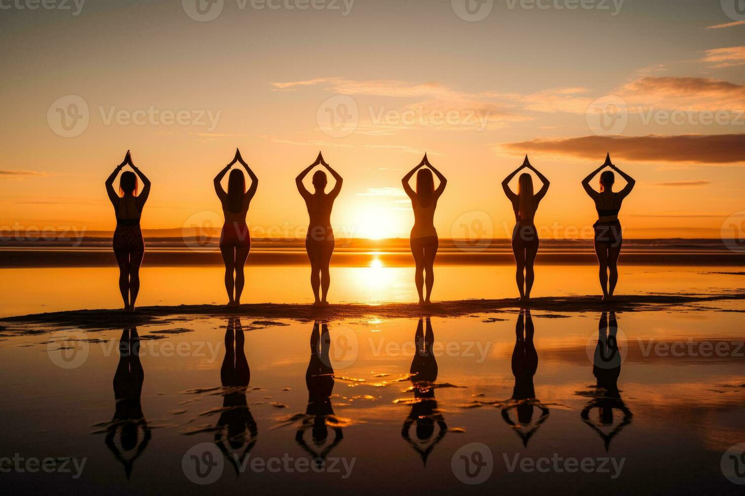 AI generated Sunrise Beach Yoga Session with People Exuding Serenity and Wellness photo