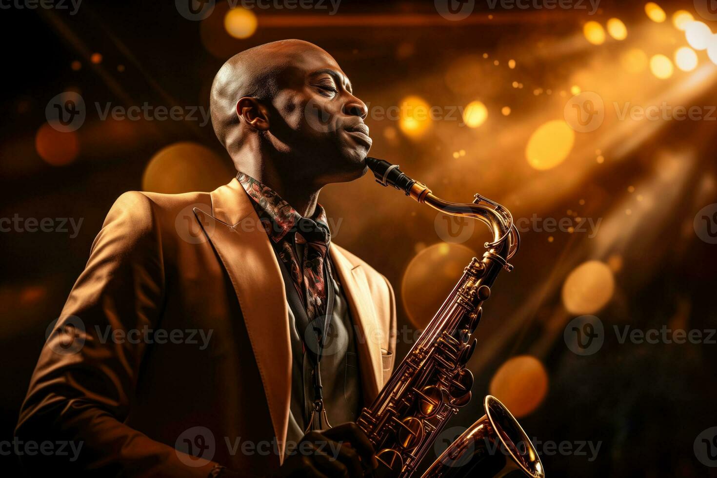 AI generated Vintage Sepia Jazz Moment, A Passionate African American Saxophonist Under a Solitary Spotlight photo