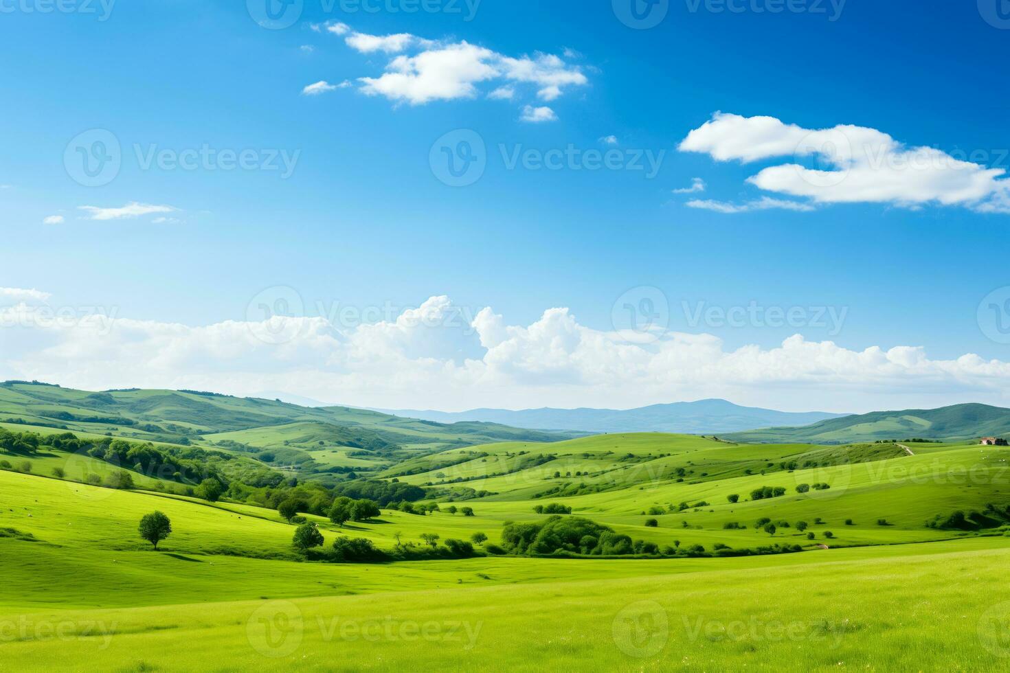 AI generated Irish Countryside Panorama, Verdant Hills and Clover Patches with Text Ready Clear Blue Sky photo