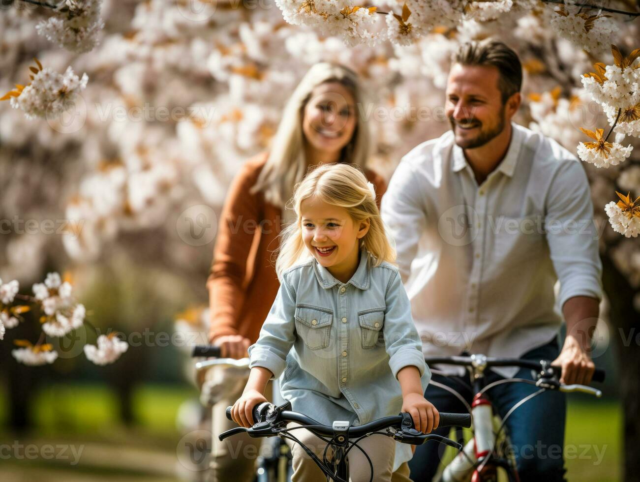 ai generado un familia en un relajado bicicleta paseo en un lozano parque con cierne flora y verde arboles emblemático de al aire libre ocupaciones con espacio para Copiar foto