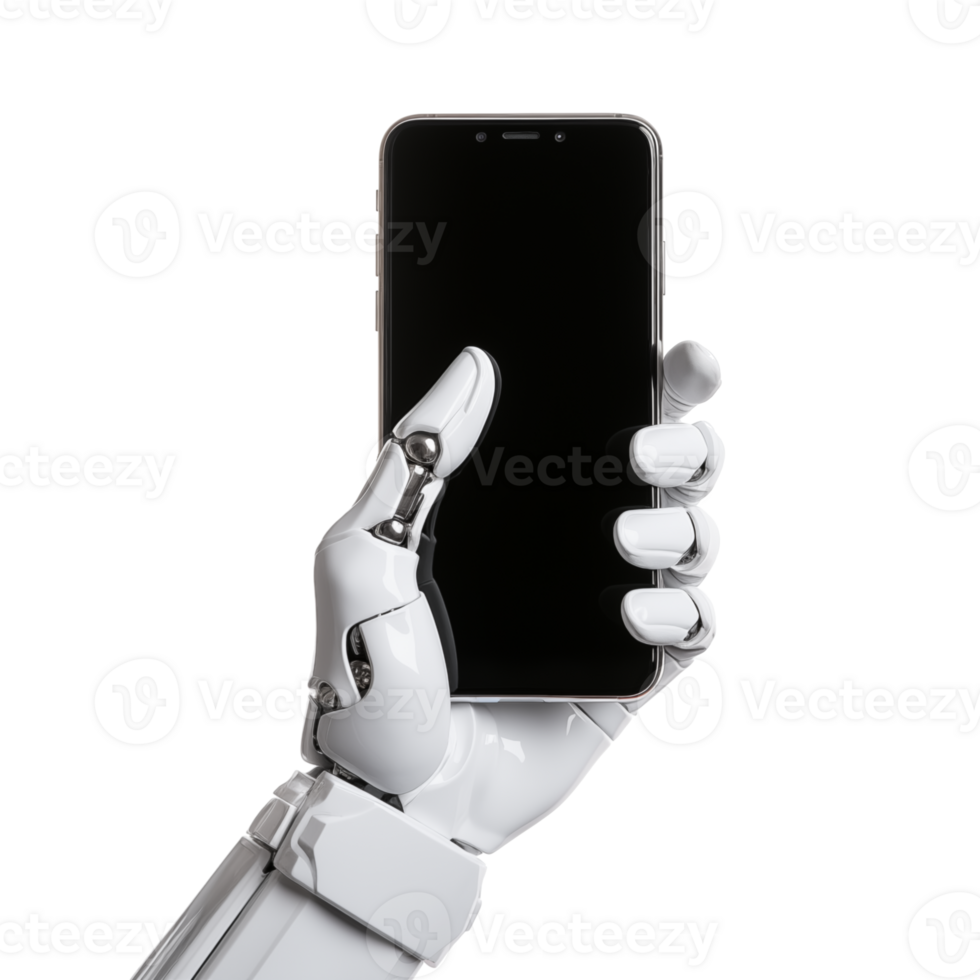 AI generated Robot hand with smartphone isolated on transparent background white smartphone screen. Generative ai. png
