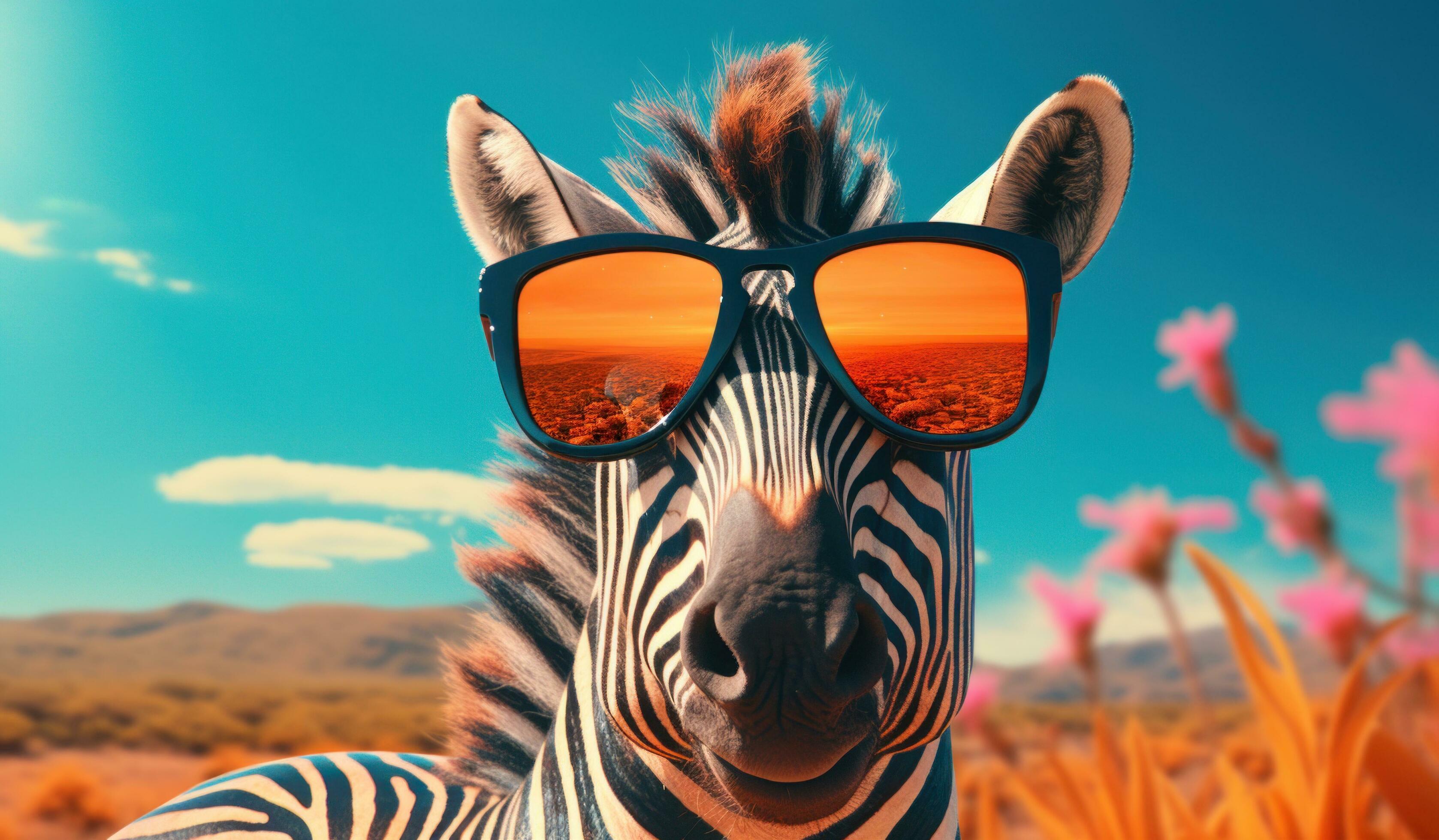 AI generated funny zebra wearing sunglasses over the eyes with text caption about zebras