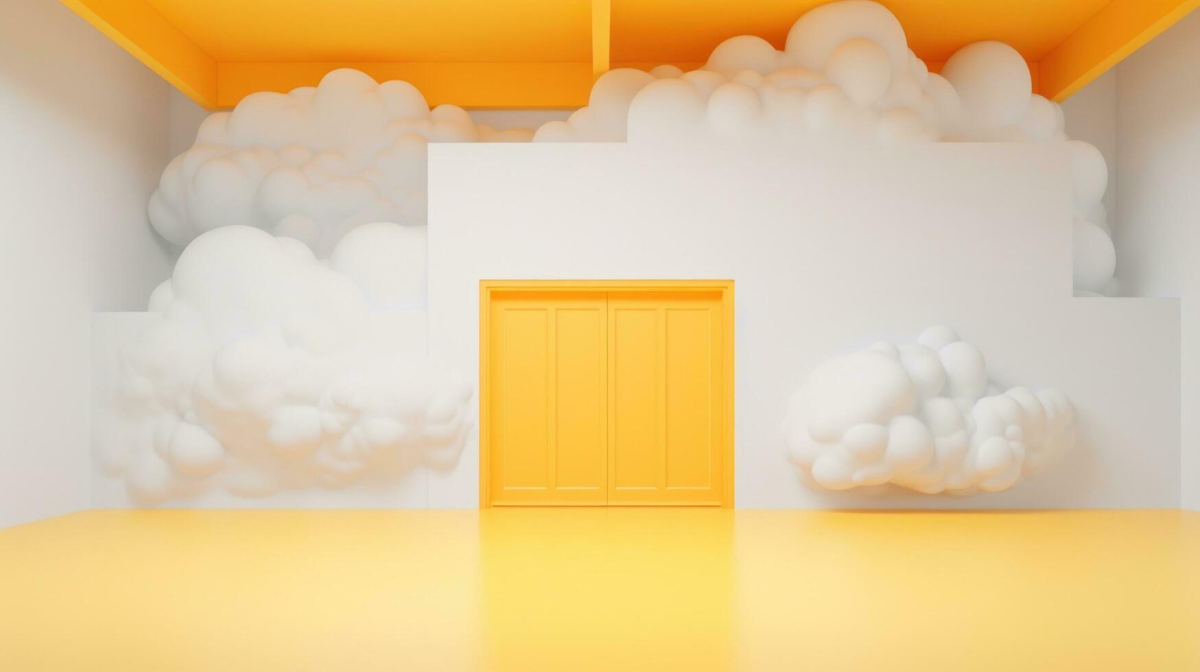 AI generated clouds coming out of a yellow door, over white space photo