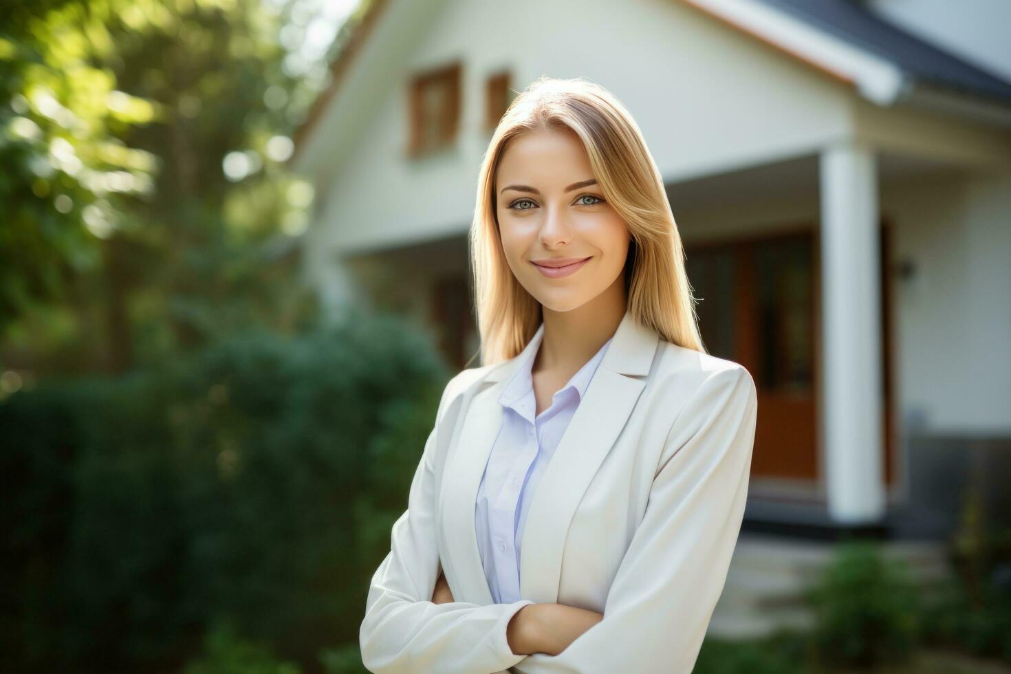 ai generado hembra real inmuebles agente en frente de casa para corredor de bienes raíces real inmuebles agente foto