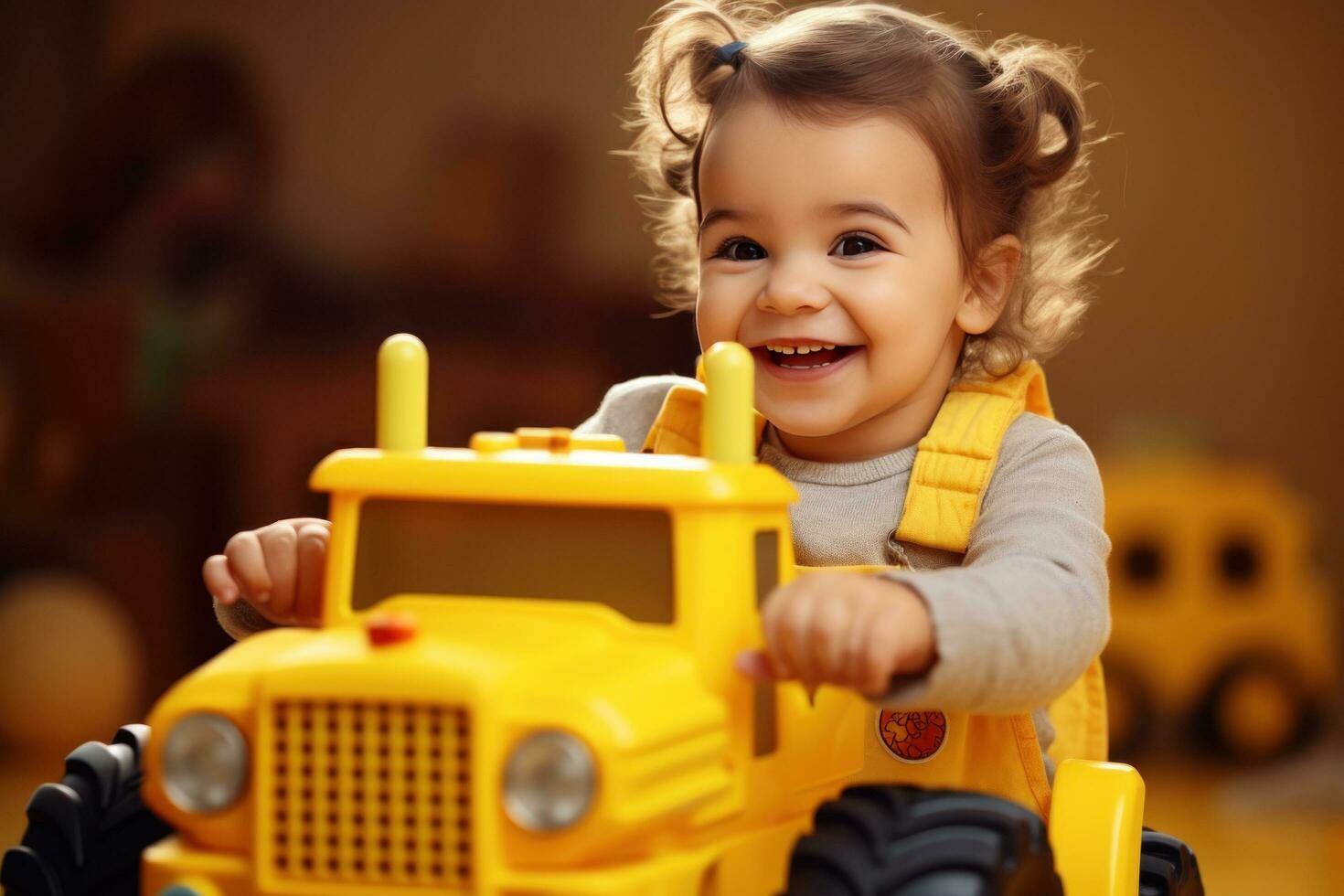 AI generated cute happy girl playing with toys on toy truck photo