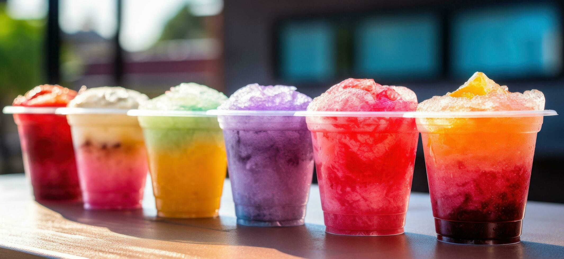 AI generated colorful frozen drinks in small cups lined in the road photo