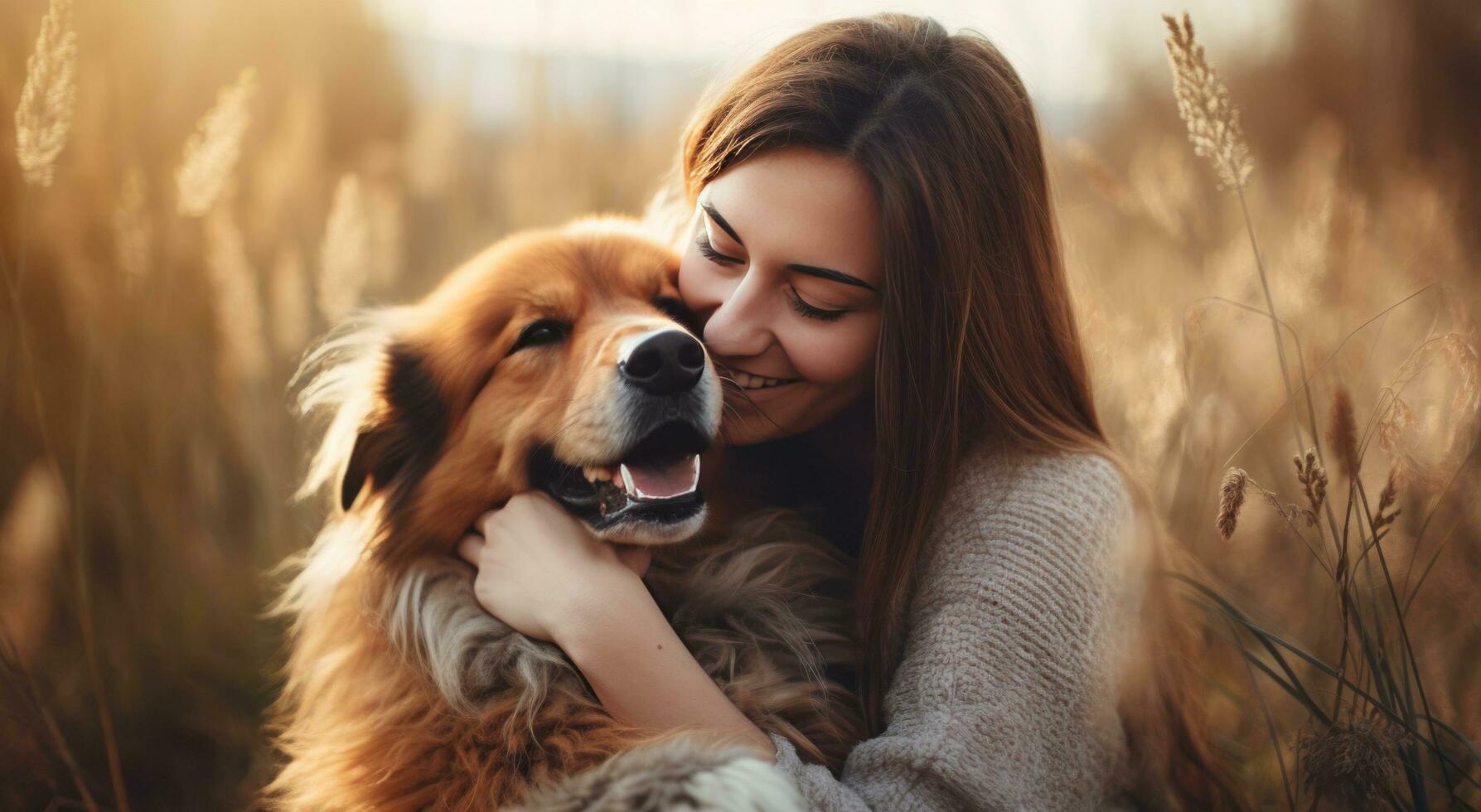 AI generated a woman is embracing a brown and white do photo