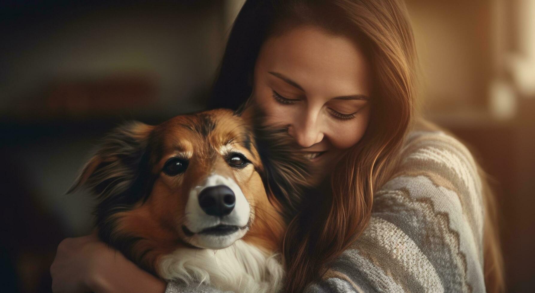 AI generated a woman is embracing a brown and white do photo