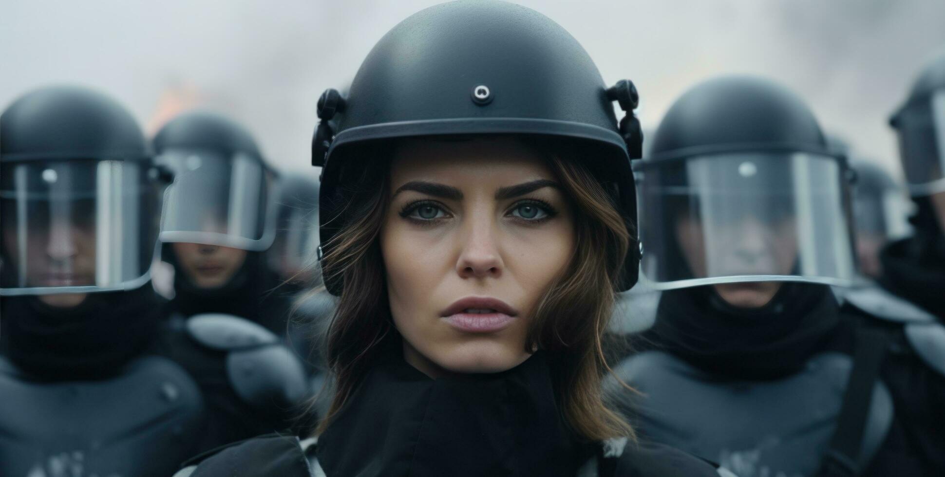 AI generated a woman in a helmet and an armed protest photo